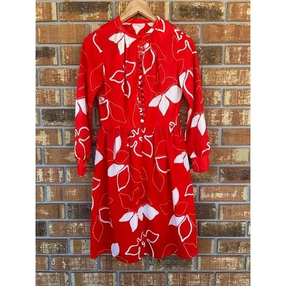 Vintage Bleeker Street Red White Floral Midi Dress 70s ILGWU Jonathan Logan - Picture 2 of 6